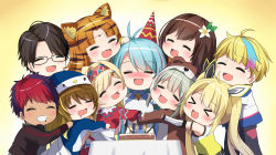 &gt;_&lt; 3boys 6+girls ^_^ absurdres amicia_michella animal_ears animal_print azura_cecillia black_hair black_jacket blonde_hair blue_jacket bodysuit closed_eyes dark-skinned_male dark_skin everyone fang flower forehead_jewel glasses grey_hair group_hug hair_flower hair_ornament hairband hana_macchia highres hug ikazu401 jacket layla_alstroemeria miyu_ottavia multicolored_hair multiple_boys multiple_girls nara_haramaung nijisanji nijisanji_id open_mouth orange_hair otter_costume parted_lips purple_hair rai_galilei red_hair riksa_dhirendra smile streaked_hair taka_radjiman tiger_ears tiger_girl tiger_print twintails virtual_youtuber white_flower zea_cornelia