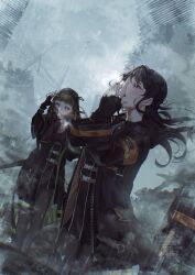 2girls absurdres black_coat black_gloves black_pantyhose black_skirt blue_sky blunt_bangs brown_hair coat commentary feet_out_of_frame fingerless_gloves gloves hand_up highres hood hood_up i_my_mayday kachimachi_kosuzu kuzia_(atarayo) link!_like!_love_live! long_sleeves love_live! low_twintails miniskirt multiple_girls murano_sayaka official_alternate_costume open_clothes open_coat open_mouth outdoors pantyhose pink_eyes pleated_skirt post-apocalypse rain short_twintails signature skirt sky song_name twintails twitter_username utility_pole virtual_youtuber warming_hands
