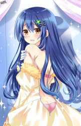 1girl absurdres artist_name ass bare_shoulders blue_hair bra brown_eyes butt_crack commentary_request cowboy_shot curly_hair curtains date_a_live dress forehead from_behind fur_trim gloves hair_between_eyes hair_ornament highres indoors itsuka_shiori lewdkuma long_hair looking_at_viewer looking_back off_shoulder open_mouth panties pink_bra pink_panties shadow solo sparkle sweatdrop underwear undressing white_gloves x_hair_ornament yellow_dress