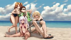 Rule 34 | 1boy, 3girls, absurdres, azur lane, beach, bikini, blonde hair, blush, breasts, brown hair, cleveland (azur lane), commander (azur lane), dark-skinned female, dark skin, day, full body, grin, hair between eyes, hair over one eye, harem, hetero, highres, hip focus, hug, hug from behind, juneau (azur lane), kneeling, leaning forward, leaning on person, long hair, looking at viewer, medium hair, multiple girls, navel, ocean, on ground, orange eyes, outdoors, pink eyes, purple eyes, red bikini, short hair, side ponytail, sling bikini top, small breasts, smile, spread legs, standing, standing on one leg, starving for more, stomach, sunglasses, swimsuit, tan, tanline, thighs, u-31 (azur lane), very long hair, white hair