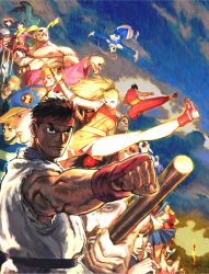 6+boys 6+girls \o/ absurdres akuma_(street_fighter) arms_up balrog_(street_fighter) baseball_cap black_hair blonde_hair boxing_gloves braid cammy_white capcom charlie_nash chun-li claws clenched_hand cody_travers dee_jay dhalsim dougi e._honda eagle_(street_fighter) everyone eyepatch facial_hair fei_long flattop flying_kick game_cg garrison_cap gen_(street_fighter) genryuusai_maki gloves guile guy_(final_fight) hat headband hibiki_dan highres ikeno_daigo juli_(street_fighter) juni_(street_fighter) kanzuki_karin kasugano_sakura kicking m._bison martial_arts_belt mask mohawk multiple_boys multiple_girls muscular muscular_male mustache native_american non-web_source official_art outstretched_arm outstretched_arms prison_clothes rainbow_mika red_headband rose_(street_fighter) ryu_(street_fighter) sagat short_hair shouryuuken smile somersault street_fighter street_fighter_zero_(series) sumo teeth thunder_hawk tonfa twin_braids uppercut vega_(street_fighter) weapon wrestler yun_lee zangief