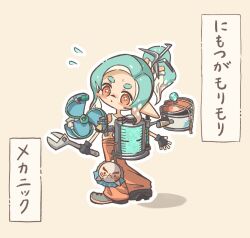 Rule 34 | 1girl, aqua hair, brown hair, colored tips, commentary request, flying sweatdrops, holding, holding wrench, inkling, inkling girl, inkling player character, looking at viewer, looking back, mechanic (splatoon raiders), medium hair, multicolored hair, nintendo, orange eyes, orange pants, osakanagumi11, outline, pants, pointy ears, ponytail, short eyebrows, solo, splatoon (series), splatoon raiders, star-shaped pupils, star (symbol), sweat, symbol-shaped pupils, tentacle hair, thick eyebrows, translation request, two-tone hair, white outline, wrench