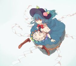 Rule 34 | 1girl, apron, black hat, blue hair, blue skirt, boots, bow, bowtie, brown boots, commentary request, frilled shirt, frills, from above, hat, heasil, hinanawi tenshi, kaname-ishi, long hair, looking to the side, peach hat ornament, rainbow gradient, red bow, red bowtie, red eyes, rope, shide, shimenawa, shirt, simple background, sitting, skirt, smile, solo, touhou, white apron, white background, white shirt