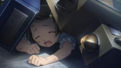 Rule 34 | aged down, black hair, blue dress, bob cut, clenched hands, closed eyes, crushed, daitoku junna, dark-skinned female, dark skin, dirty, dirty arm, dirty face, dress, frilled sleeves, frills, fukuda tomonori, game cg, hair ornament, highres, non-web source, official art, open mouth, pain, puffy short sleeves, puffy sleeves, robotics;notes, short hair, short sleeves, star (symbol), star hair ornament, tongue