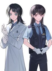 Rule 34 | 2girls, bang dream!, bang dream! it&#039;s mygo!!!!!, black hair, black necktie, black pants, blue eyes, blue shirt, closed mouth, coat, commentary, gloves, hashtag-only commentary, highres, load bearing vest, long hair, medium hair, mole, mole under eye, multiple girls, necktie, pants, police, police uniform, policewoman, purple eyes, shiina taki, shirt, simple background, takoonland, white background, white coat, white gloves, yahata umiri
