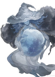 Rule 34 | 1girl, absurdres, blue hair, blue skin, cape, chinese commentary, closed mouth, colored skin, commentary request, doll, doll joints, dress, elden ring, extra arms, extra faces, floating cape, floating hair, fur cape, grey hat, hat, highres, holding moon, jewelry, joints, large hat, long hair, moon, ranni the witch, ring, simple background, solo, wedding ring, white background, white dress, witch hat, yexiemian