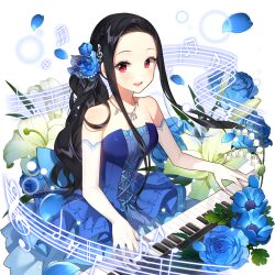 1girl :d album_cover alternate_hairstyle bare_shoulders beamed_eighth_notes black_hair blue_dress blue_flower blue_nails blue_ribbon blue_rose blush breasts clarice_lapis cleavage collarbone cover dated dress earrings eighth_note elbow_gloves flower forehead gem_(symbol) gloves green_flower guitar hair_flower hair_ornament hair_ribbon harp holding holding_instrument instrument jewelry long_hair looking_at_viewer medium_breasts microphone music musical_note necklace open_mouth parted_bangs piano plant playing_instrument ponytail purple_flower quarter_note red_eyes ribbon rose salt_(salty) sidelocks sleeveless sleeveless_dress small_breasts smile solo sparkle strapless strapless_dress transparent_background treble_clef uchi_no_hime-sama_ga_ichiban_kawaii very_long_hair white_background
