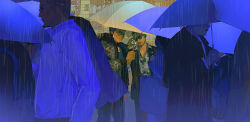 2boys absurdres black_jacket cellphone character_request check_character city facial_hair flip_phone goatee hawaiian_shirt highres holding holding_jacket holding_umbrella holding_unworn_clothes jacket long_sleeves male_focus multiple_boys mustache outdoors parted_lips people phone rain ryuu_ga_gotoku_(series) scar scar_across_eye scar_on_face scar_on_forehead scar_on_mouth shared_umbrella shirt short_hair talking_on_phone umbrella unworn_jacket yorunue_ro zhao_tianyou