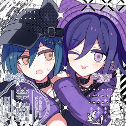 Rule 34 | 2boys, ;), beanie, black choker, black hat, blue hair, blush, brown eyes, choker, closed mouth, commentary request, danganronpa (series), danganronpa v3: killing harmony, double-parted bangs, hair between eyes, hat, highres, long sleeves, looking at viewer, male focus, multiple boys, oma kokichi, one eye closed, open mouth, purple eyes, purple hat, purple shirt, saihara shuichi, shirocha tei, shirt, short hair, smile, sparkle, sweatdrop, tongue, tongue out, twitter username, upper body, watermark