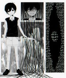 1boy antenna_hair chromatic_aberration clenched_teeth collared_shirt double-parted_bangs empty_eyes english_text flower full_body hair_behind_ear hair_between_eyes hashtag-only_commentary head_tilt high_contrast highres holding holding_knife kneehighs knife loafers male_focus multiple_views my_loleeta no_pupils official_alternate_eye_color omori scared shaded_face shirt shoes short_hair short_sleeves shorts socks something_(omori) spoilers standing straight-on sunny_(omori) sweat sweater_vest teeth tulip