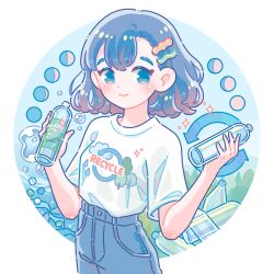 1girl arrow_(symbol) blue_eyes blue_hair blue_pants bottle closed_mouth commentary_request hair_ornament highres hiro046k holding holding_bottle looking_at_viewer medium_hair moon_phases original pants partial_commentary print_shirt recycling_symbol shirt short_sleeves solo sparkle t-shirt upper_body white_shirt