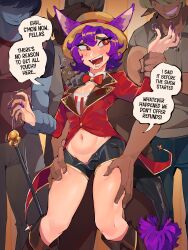 1girl 3boys absurdres animal_ears black_shorts blue_pants blue_skin blush boots bow bowtie brown_boots cane collared_shirt colored_pubic_hair colored_skin dark-skinned_male dark_skin diforland ears_through_headwear english_text female_pubic_hair fox_ears grey_shirt groping hat highres jacket multiple_boys navel open_clothes open_mouth open_shorts original pants pubic_hair pubic_hair_peek purple_hair purple_nails purple_pubic_hair red_bow red_bowtie red_eyes red_jacket shirt short_shorts shorts speech_bubble teeth