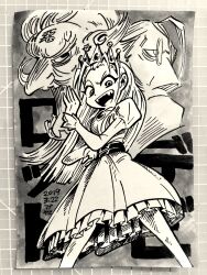 1girl 2019 2boys belt belt_around_waist chest_jewel cyberbots dated devilot_de_deathsatan_ix dr_stein fangs feet_out_of_frame full_body funayama_yasuaki greyscale hair_slicked_back hand_on_own_hip hand_up head_only highres jeweled_crown jigoku_daishi juliet_sleeves laughing long_hair long_sleeves looking_at_viewer looking_down monochrome multiple_belts multiple_boys ojou-sama_pose open_mouth princess puffy_sleeves smile smug solo_focus