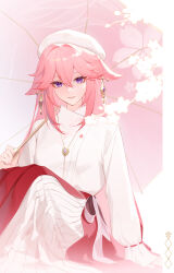 Rule 34 | 1girl, alternate costume, animal ears, beret, earrings, feet out of frame, floppy ears, fox ears, genshin impact, hair between eyes, hair intakes, hat, highres, holding, holding umbrella, jewelry, light smile, long hair, looking at viewer, necklace, parted lips, pink hair, pink nails, pink umbrella, purple eyes, red skirt, rj (lingshih10), shirt, sitting, skirt, solo, two-tone skirt, umbrella, white hat, white shirt, white skirt, yae miko