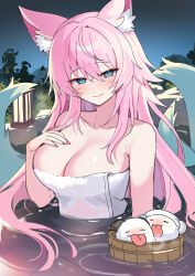 1girl 2others absurdres ahri_(league_of_legends) animal_ear_fluff animal_ears blue_eyes blush breasts cleavage closed_eyes closed_mouth commentary facial_mark fingernails fox_ears fox_girl fox_tail half-closed_eyes hand_on_own_chest highres in_water kitsune kyuubi lantern large_breasts league_of_legends long_hair looking_at_viewer multiple_others multiple_tails naked_towel night night_sky onsen pelicana pink_hair pink_nails poro_(league_of_legends) sitting sky smile solo solo_focus spirit_blossom_ahri symbol-only_commentary tail tongue tongue_out towel