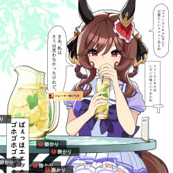 1girl animal_ears braid braided_hair_rings brown_hair cup drinking drinking_straw ear_covers food fruit gameplay_mechanics gentildonna_(umamusume) hair_ribbon hair_rings highres holding holding_cup horse_ears horse_tail lemon lemon_slice lemonade ne000000t pleated_skirt red_eyes ribbon school_uniform short_sleeves sitting skirt table tail tracen_school_uniform translated umamusume
