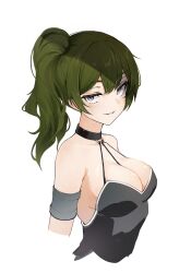 1girl armlet armpit_crease between_breasts black_choker breasts choker cleavage cropped_torso double-parted_bangs dress from_side green_hair halter_dress halterneck highres jewelry jitome looking_at_viewer medium_breasts medium_hair o-ring o-ring_choker ponytail purple_eyes sidelocks simple_background sleeveless sleeveless_dress smile solo sombie sousou_no_frieren strap_between_breasts teeth ubel_(sousou_no_frieren) white_background