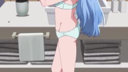 1girl ahoge animated anime_screenshot bathroom blue_bra blue_eyes blue_hair blue_panties bra breasts cleavage collarbone dress glasses highres holding_dress holding_unworn_clothes indoors long_hair medium_breasts mirror panties shiunji-ke_no_kodomotachi shiunji_seiha sound tagme thighs underwear unworn_dress video