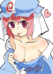 1girl areola_slip blue_kimono blush_stickers breasts cleavage closed_mouth cookie_(touhou) heart highres japanese_clothes kimono leftame looking_at_viewer medium_breasts off_shoulder pink_eyes pink_hair saigyouji_yuyuko short_hair smile solo tongue tongue_out touhou triangular_headpiece upper_body vivian_(cookie)