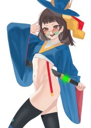 1girl absurdres black_thighhighs blue_hat blue_kimono bottomless breasts brown_eyes brown_hair character_request cropped_kimono djmax energy_sword fangs fingernails glasses hat highres holding holding_behind_back holding_sword holding_sword_behind_back holding_weapon holding_weapon_behind_back japanese_clothes kimono korean_commentary looking_at_viewer medium_hair nail_polish navel open_mouth partially_undressed red_nails round_eyewear sheath simple_background skindentation small_breasts solo sword teeth thighhighs thighs tinted_eyewear tongue tongue_out toulalan unsheathing upper_teeth_only v-shaped_eyebrows weapon white_background wide_sleeves