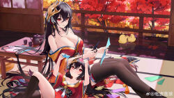 2girls absurdres animal autumn_leaves azur_lane bare_shoulders bird black_hair blush breasts cleavage collarbone day hair_ornament highres holding holding_paper_boat japanese_clothes kimono large_breasts leaf long_hair lying manjuu_(azur_lane) mask mask_on_head mo_xiaoxue multiple_girls official_art on_back paper paper_boat red_eyes scissors shadow sitting smile table taihou-chan_(azur_lane) taihou_(azur_lane) thighhighs tree very_long_hair watermark weibo_watermark