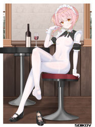 1girl absurdres alcohol apron breasts feet frilled_apron frills highres looking_at_viewer maid maid_apron maid_headdress medium_hair no_bra no_panties original pantyhose pink_hair red_wine side_ponytail small_breasts soles solo waist_apron white_apron white_pantyhose wine zhthktk