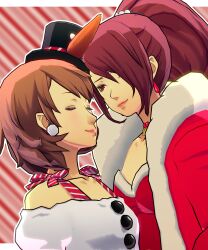 2girls 3d absurdres closed_eyes dress fluffy_clothes heads_together highres kirijou_mitsuru multiple_girls persona persona_3 personaparadise ponytail red_dress red_hair takeba_yukari yuri