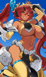 1girl bare_shoulders blue_background blue_eyes breast_curtains breasts dark_skin headgear highres huge_breasts long_hair looking_at_viewer mecha_musume megami_device navel one_eye_closed pelvic_curtain red_hair shiny_skin skindentation smile solo standing subten sweat teeth thighhighs twintails underboob very_long_hair yellow_thighhighs