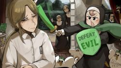 5girls bird blonde_hair blue_eyes body_writing brown_eyes brown_hair cape chicken clumsy_nun_(diva) commentary diva_(hyxpk) duck english_commentary foam_bokken freckles frog_headband froggy_nun_(diva) green_cape grey_hair hedge highres holding holding_shield instrument little_nuns_(diva) long_hair mole mole_on_cheek mole_under_eye motion_blur multiple_girls nun ostrich sheep_nun_(diva) shield shirt strict_nun&#039;s_mother_(diva) strict_nun_(diva) toy_sword traditional_nun triangle_mouth white_shirt