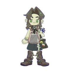 1girl aerith_gainsborough alternate_costume bag bag_charm black_choker black_skirt boots bracelet brown_boots brown_hair charm_(object) chibi chocobo choker ear_piercing final_fantasy final_fantasy_vii full_body green_eyes highres jewelry lentymet light_blush moogle parted_bangs piercing shirt shoulder_bag side_slit sidelocks skirt sleeveless sleeveless_shirt solo standing white_background