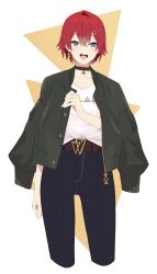 1girl :d akitetsu ange_katrina ange_katrina_(5th_costume) belt black_choker black_jacket blue_eyes blue_pants brown_belt choker collarbone cropped_legs crossed_bangs denim earrings gold_earrings hair_between_eyes hair_ornament hairclip hand_up highres jacket jacket_on_shoulders jeans jewelry looking_at_viewer nijisanji open_mouth pants pendant red_hair shirt shirt_tucked_in short_hair single_earring single_hair_intake smile solo straight-on teeth triangle_background triangle_earrings two-tone_background upper_teeth_only virtual_youtuber white_background white_shirt yellow_background