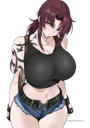 Rule 34 | 1girl, absurdres, alternate breast size, arm tattoo, belt, black belt, black gloves, black lagoon, black tank top, breasts, brown hair, cleavage, collarbone, cowboy shot, crop top, curvy, cutoffs, denim, denim shorts, fingerless gloves, gloves, gun, hair intakes, harutoyumaarts, highres, holster, huge breasts, looking at viewer, low ponytail, micro shorts, midriff, navel, ponytail, revy (black lagoon), shorts, shoulder tattoo, sidelocks, simple background, solo, stomach, tank top, tattoo, thighs, weapon, white background, yellow eyes