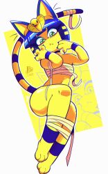 1girl animal_crossing ankha_(animal_crossing) bandages blue_eyes blush bob_cut choker claws ftpickaxe full_body furry furry_female green_eyes leg_wrap looking_down nintendo solo striped_tail tail thick_thighs thighs uraeus