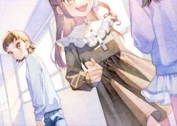 2girls 3girls :d absurdres ayumi black_dress black_hair blue_pants blue_shirt brown_eyes brown_hair closed_mouth dress frills hallway highres indoors long_sleeves looking_back multiple_girls one_side_up open_mouth original pants shirt skirt smile teeth upper_teeth_only window