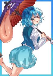 1girl blue_eyes blue_hair blue_skirt blue_vest blush grey_nagato hair_between_eyes heterochromia highres holding holding_umbrella leg_up long_sleeves looking_at_viewer looking_back medium_hair red_eyes shirt skirt smile solo tatara_kogasa tongue tongue_out touhou umbrella vest white_background white_shirt