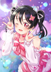 Rule 34 | 1girl, ;d, \m/, absurdres, bare shoulders, black hair, blush, bokutachi wa hitotsu no hikari, breasts, commentary request, detached sleeves, double \m/, dress, frilled sleeves, frills, hair ribbon, highres, iroenpitsu xxx, leaning forward, light particles, looking at viewer, love live!, love live! school idol project, love live! the school idol movie, medium breasts, medium hair, nico nico nii, official alternate costume, one eye closed, open mouth, pink dress, purple background, red eyes, ribbon, sleeveless, sleeveless dress, smile, solo, twintails, white ribbon, white sleeves, yazawa nico