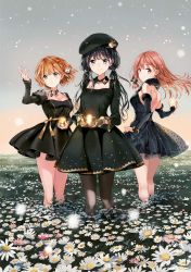 3girls adagaki_aki back bare_legs bare_shoulders beret black_dress black_eyes black_hair blush bow braid breasts brown_eyes brown_hair candle choker cleavage collarbone detached_sleeves dress earrings field fire flower flower_field fujinomiya_neko gloves hair_flower hair_ornament hat highres holding jewelry koiwai_yoshino long_hair looking_at_viewer low_twintails masamune-kun_no_revenge mole mole_under_eye multiple_girls outdoors pantyhose parted_lips pink_flower polka_dot puffy_sleeves raised_eyebrows ribbon see-through_clothes short_hair sky smile snow standing tiv twintails white_flower