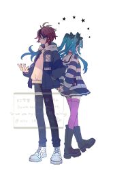Rule 34 | 1boy, 1girl, ahoge, amemiya darumi, arms behind back, back-to-back, black boots, black bow, black hair, black nails, black pants, black skirt, blue eyes, blue hair, blue jacket, blue shirt, boots, bow, choker, closed mouth, commentary request, drawstring, earrings, full body, grey jacket, hair bow, hand in pocket, hand up, highres, hood, hood down, hoodie, jacket, jacket over hoodie, jewelry, long hair, long sleeves, miniskirt, multicolored hair, multicolored jacket, nito, open clothes, open jacket, own hands together, pants, pink thighhighs, pleated skirt, red choker, red hair, roots (hair), shirt, shoes, short hair, signature, skirt, sleeves past wrists, sneakers, star (symbol), streaked hair, striped clothes, striped shirt, sumino takumi, the hundred line -last defense academy-, thigh strap, thighhighs, tsurime, twintails, two-tone hair, two-tone jacket, two-tone shirt, watermark, white hoodie, white shirt, white shoes