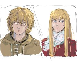 2boys absurdres androgynous artist_name blonde_hair blue_eyes brown_eyes canute closed_mouth eyelashes fur_trim hair_between_eyes highres hood long_hair looking_at_viewer looking_to_the_side male_focus messy_hair multiple_boys ornament parted_lips prince thorfinn viking vinland_saga wenlee95