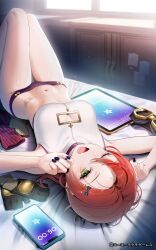 1girl ;o atelier_(series) atelier_resleriana bandaid_on_stomach bare_arms bare_legs black_nails breasts brown_gloves cellphone cleavage_cutout clothing_cutout commentary_request copyright_notice crop_top gloves green_eyes hair_ornament hairclip heidi_(atelier) highres knees_up looking_at_viewer lying medium_breasts midriff navel official_art on_back one_eye_closed panties phone purple_panties pyonsuke_(pyon2_mfg) red_hair second-party_source short_hair smartphone solo tablet_pc underwear unworn_gloves