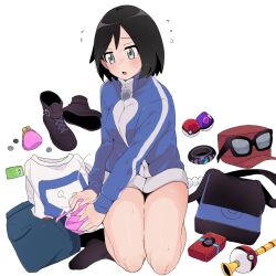 1girl :o black_bag black_hair blue_jacket boots bracelet breasts calem_(pokemon) coin commentary_request flying_sweatdrops genderswap genderswap_(mtf) grey_eyes hat highres holding holed_coin id_card jacket jewelry long_sleeves master_ball nintendo poke_ball poke_ball_(basic) poke_flute pokedex pokemon pokemon_xy puff_of_air red_hat sana_(37pisana) shirt short_hair sitting socks solo solo_focus sunglasses sweat turtleneck turtleneck_jacket unworn_boots unworn_shirt zipper_pull_tab
