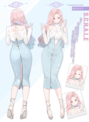 1girl absurdres ass blue_archive blue_dress breasts butterfly_hair_ornament character_name commentary dishwasher1910 dress english_text full_body glasses hair_ornament halo highres jewelry large_breasts long_hair looking_at_viewer mole mole_under_eye multicolored_hair multiple_views murakami_maria nail_polish necklace off-shoulder_dress off_shoulder original pink_eyes pink_hair stomach thong translation_request two-tone_hair underwear v