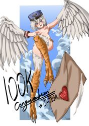 1girl absurdres armlet bird_legs blue_hat borrowed_character breasts claws commentary_request eiferqimuyu fang feathered_wings flat_cap flying grey_eyes grey_feathers grey_hair grey_wings harpy hat highres jewelry letter looking_at_viewer monster_girl nipples open_mouth original short_hair sky small_breasts solo talons winged_arms wings