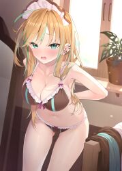 1girl arms_behind_back blonde_hair bow bow_bra bow_panties bra breasts brown_bra brown_panties character_request cleavage commentary_request copyright_request ear_piercing frilled_bra frilled_panties frills green_eyes green_hair highres indoors large_breasts leaning_forward long_hair looking_at_viewer maid_headdress mole mole_under_eye multicolored_hair navel open_mouth panties piercing shimo_(shimo332215) solo streaked_hair thighs underwear underwear_only unworn_clothes virtual_youtuber