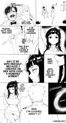 1girl 2boys arm_tattoo axe black_hair blank_eyes blood breasts close-up comic commander_(nikke) constricted_pupils couch crossed_legs d_(killer_wife)_(nikke) d_(nikke) dress facial_hair goddess_of_victory:_nikke hair_bun highres holding holding_axe indoors jamjamstyle jewelry large_breasts multiple_boys mustache official_alternate_costume ring scared shaking short_dress sitting sweatdrop tattoo text_focus