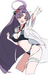 Rule 34 | 1girl, absurdres, bikini, black bikini, blue archive, blunt ends, blush, breasts, comorebi, cropped torso, earrings, fang, flower, hair flower, hair ornament, highres, jacket, jewelry, large breasts, long hair, looking at viewer, navel, o-ring, o-ring bikini, official alternate costume, ponytail, purple hair, simple background, skin fang, smile, solo, stud earrings, swimsuit, thigh strap, very long hair, waving arm, white background, white jacket, yukari (blue archive), yukari (swimsuit) (blue archive)