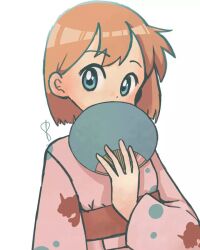 1girl asymmetrical_hair blush cowboy_shot fan female_focus gen_1_pokemon glaceternel green_eyes hair_down japanese_clothes kimono misty_(pokemon) nintendo orange_hair pokemon pokemon_(anime) pokemon_(classic_anime) pokemon_ep020 ponytail robe shirt short_hair side_ponytail simple_background solo yellow_shirt