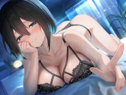 1girl ass bare_shoulders black_bra black_hair black_panties blue_eyes blush bra breasts cleavage collarbone highres large_breasts looking_at_viewer lying maeshimashi on_stomach original panties pointing pointing_at_viewer short_hair sidelocks smile solo underwear