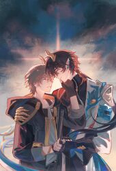 Rule 34 | 2boys, aqua eyes, black coat, black gloves, black hair, black shirt, blue sky, caelus (honkai: star rail), chinese clothes, closed mouth, cloud, cloudy sky, coat, crying, crying with eyes open, dan heng (honkai: star rail), dan heng (permansor terrae) (honkai: star rail), dragon boy, dragon horns, earclip, evening, eyeliner, fingerless gloves, floating hair, gauntlets, gloves, grey hair, hair between eyes, hair ornament, hand on another&#039;s face, hand on another&#039;s shoulder, hand up, highres, holding hands, honkai: star rail, honkai (series), hood, hooded coat, horns, lapels, long hair, long sleeves, looking at another, low ponytail, makeup, male focus, multiple boys, official alternate costume, official alternate hairstyle, open clothes, open coat, outdoors, ponytail, qkbatsqfbzrdpsp, red eyeliner, shirt, short hair, sky, smile, standing, sun, sunset, t-shirt, tears, teeth, trailblazer (honkai: star rail), two-sided coat, two-sided fabric, white shirt, yaoi, yellow coat, yellow eyes, zipper