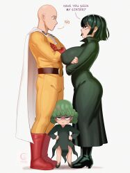 1boy 2girls absurdres anger_vein bald boots breasts cape chibi commentary crossed_arms curly_hair dress english_commentary english_text frown fubuki_(one-punch_man) full_body gloves green_dress hands_on_own_hips high_heel_boots high_heels highres large_breasts long_hair long_sleeves looking_at_another medium_hair multiple_girls one-punch_man red_gloves saitama_(one-punch_man) sidelocks simple_background standing tatsumaki white_background white_cape windmill_(windmillg)